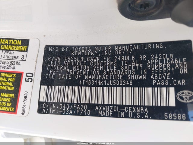 4T1B31HK1JU500346 Toyota Camry Hybrid Le