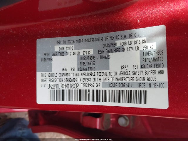Продажа на аукционе авто 2017 Mazda Mazda3 Touring, vin: 3MZBN1L70HM118032, номер лота: 44601206