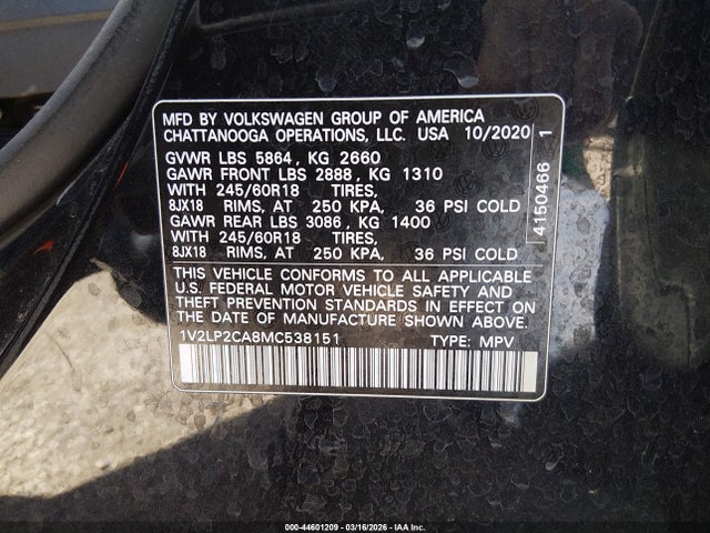 Продажа на аукционе авто 2021 Volkswagen Atlas 2.0t Se, vin: 1V2LP2CA8MC538151, номер лота: 44601209