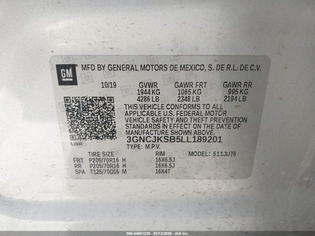 Продаж на аукціоні авто 2020 Chevrolet Trax Fwd Ls, vin: 3GNCJKSB5LL189201, номер лоту: 44601220
