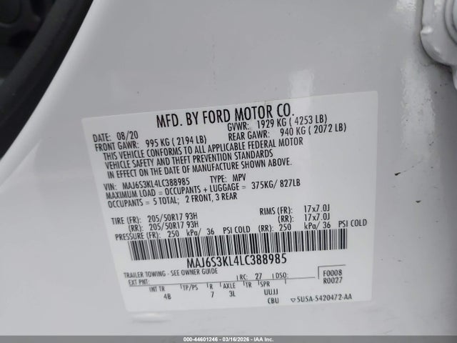 44601246 :رقم المزاد ، MAJ6S3KL4LC388985 vin ، 2020 Ford Ecosport Titanium مزاد بيع