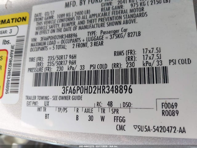 Продажа на аукционе авто 2017 Ford Fusion Se, vin: 3FA6P0HD2HR348896, номер лота: 44601275
