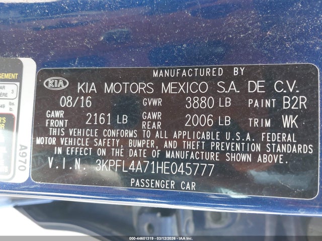 Продажа на аукционе авто 2017 Kia Forte S, vin: 3KPFL4A71HE045777, номер лота: 44601319