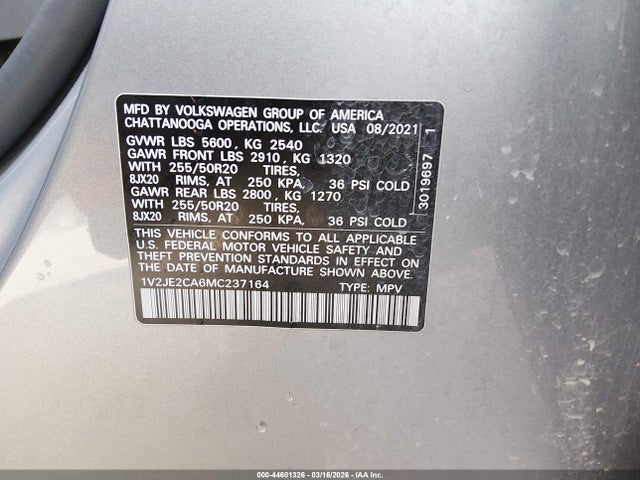 44601326 :رقم المزاد ، 1V2JE2CA6MC237164 vin ، 2021 Volkswagen Atlas Cross Sport 3.6l V6 Se W/technology مزاد بيع