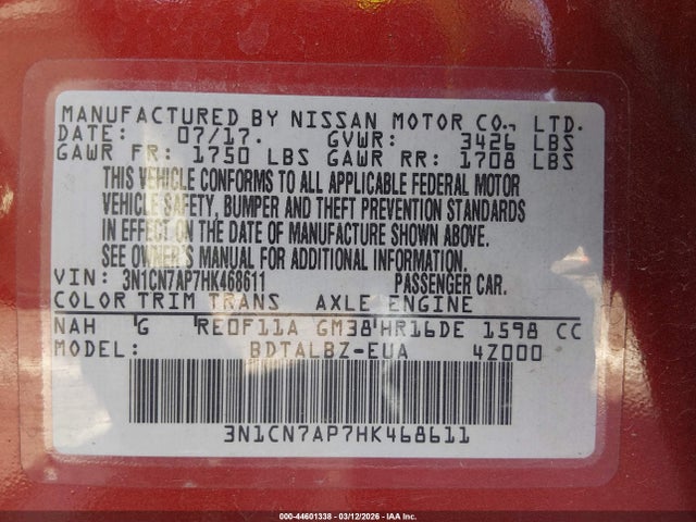 3N1CN7AP7HK468611 Nissan Versa 1.6 Sv