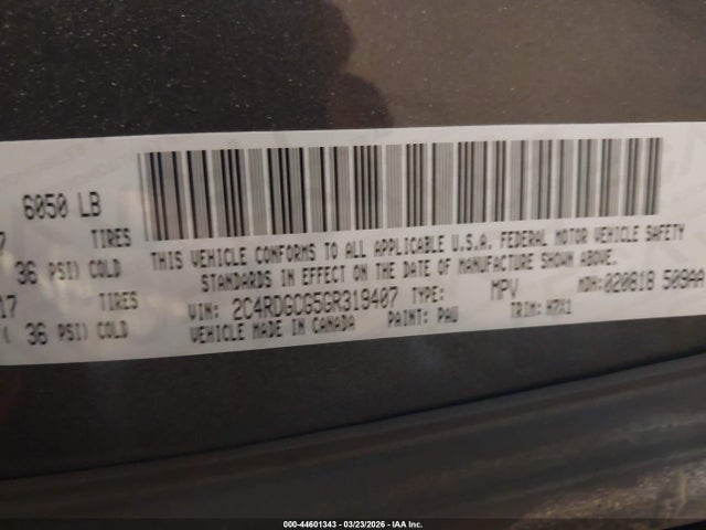 44601343 :رقم المزاد ، 2C4RDGCG5GR319407 vin ، 2016 Dodge Grand Caravan Sxt مزاد بيع