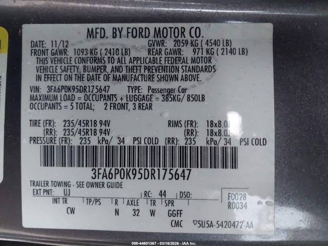 Aukcja sprzedaży 2013 Ford Fusion Titanium, vin: 3FA6P0K95DR175647, numer aukcji: 44601367