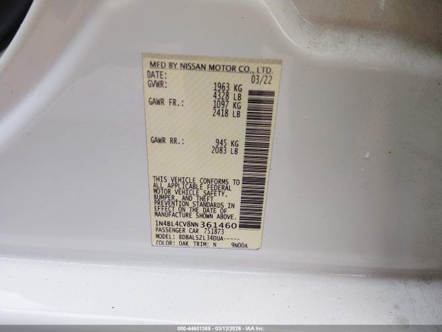 44601380 :رقم المزاد ، 1N4BL4CV8NN361460 vin ، 2022 Nissan Altima Sr Fwd مزاد بيع