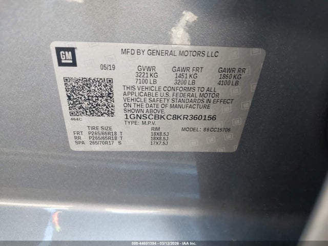 Aukcja sprzedaży 2019 Chevrolet Tahoe Lt, vin: 1GNSCBKC8KR360156, numer aukcji: 44601394