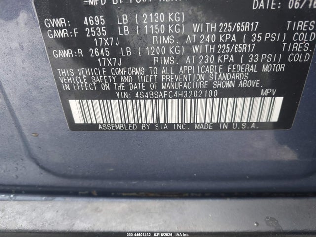 2017 Subaru Outback 2.5i Premium მანქანა იყიდება აუქციონზე, vin: 4S4BSAFC4H3202100, აუქციონის ნომერი: 44601432