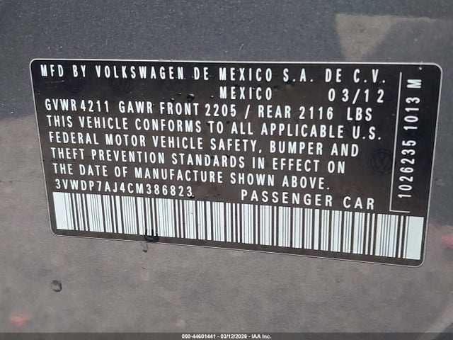 2012 Volkswagen Jetta 2.5l Se მანქანა იყიდება აუქციონზე, vin: 3VWDP7AJ4CM386823, აუქციონის ნომერი: 44601441