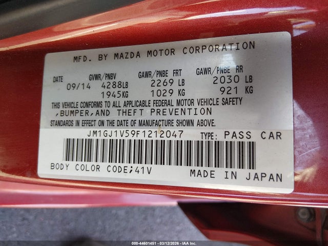2015 Mazda Mazda6 მანქანა იყიდება აუქციონზე, vin: JM1GJ1V59F1212047, აუქციონის ნომერი: 44601451