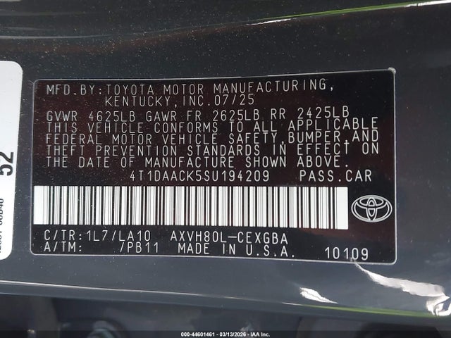 2025 TOYOTA CAMRY 4T1DAACK5SU194209 Photo 8