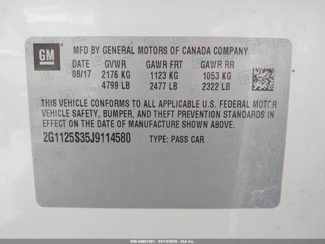 Продаж на аукціоні авто 2018 Chevrolet Impala 2lz, vin: 2G1125S35J9114580, номер лоту: 44601481