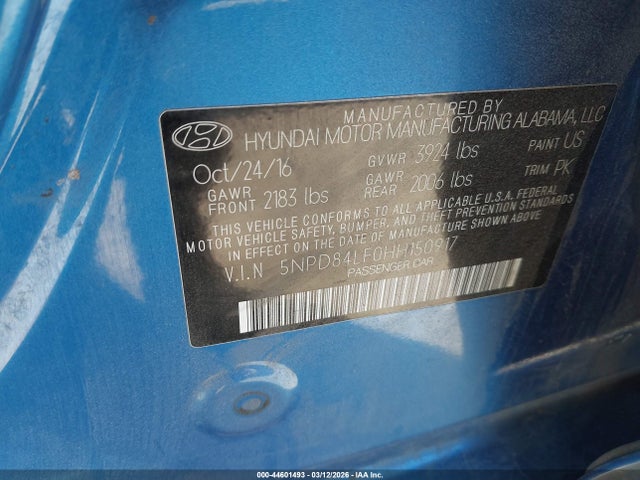 5NPD84LF0HH150917 Hyundai Elantra Limited