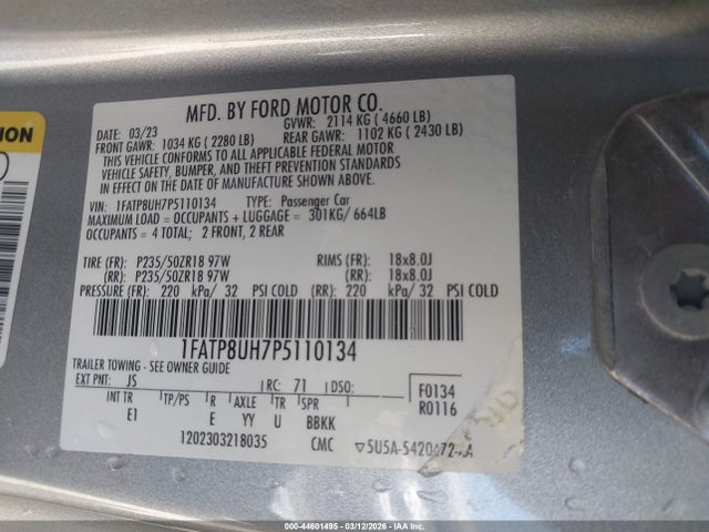 44601495 :رقم المزاد ، 1FATP8UH7P5110134 vin ، 2023 Ford Mustang Ecoboost /ecoboost Premium مزاد بيع