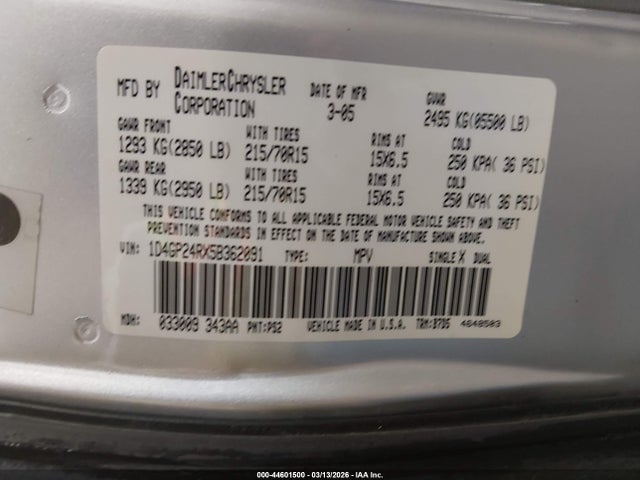 Aukcja sprzedaży 2005 Dodge Grand Caravan Se, vin: 1D4GP24RX5B362091, numer aukcji: 44601500
