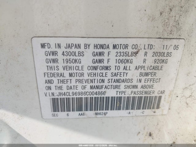 2006 Acura Tsx მანქანა იყიდება აუქციონზე, vin: JH4CL96986C004866, აუქციონის ნომერი: 44601530