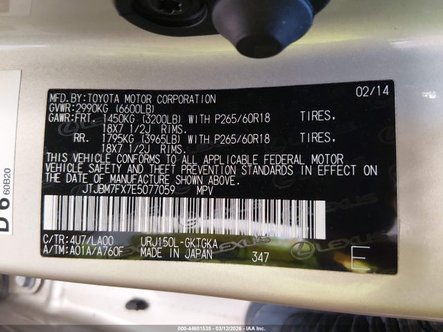 44601535 :رقم المزاد ، JTJBM7FX7E5077059 vin ، 2014 Lexus Gx 460 مزاد بيع