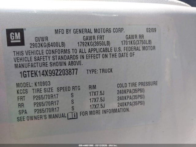 44601560 :رقم المزاد ، 1GTEK14X99Z203877 vin ، 2009 Gmc Sierra 1500 Work Truck مزاد بيع