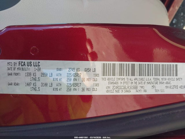 Aukcja sprzedaży 2020 Dodge Grand Caravan Sxt, vin: 2C4RDGCG6LR161668, numer aukcji: 44601561