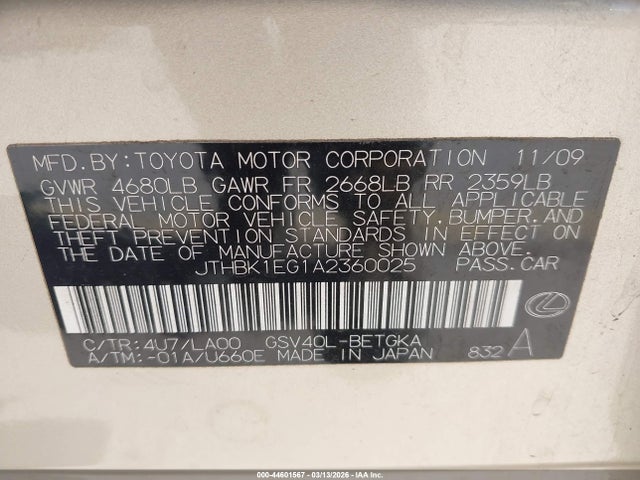 Продаж на аукціоні авто 2010 Lexus Es 350, vin: JTHBK1EG1A2360025, номер лоту: 44601567