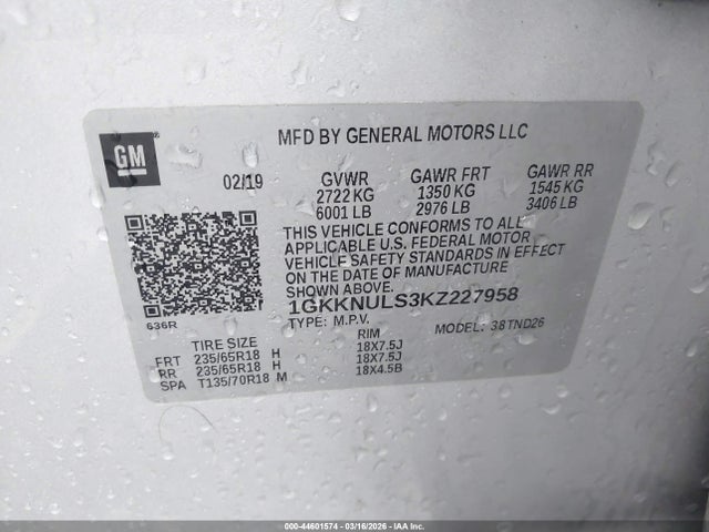 44601574 :رقم المزاد ، 1GKKNULS3KZ227958 vin ، 2019 Gmc Acadia Slt-1 مزاد بيع