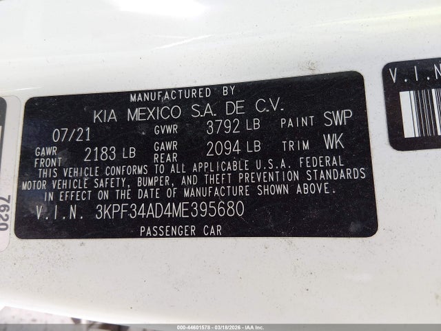 Aukcja sprzedaży 2021 Kia Forte Gt-line, vin: 3KPF34AD4ME395680, numer aukcji: 44601578