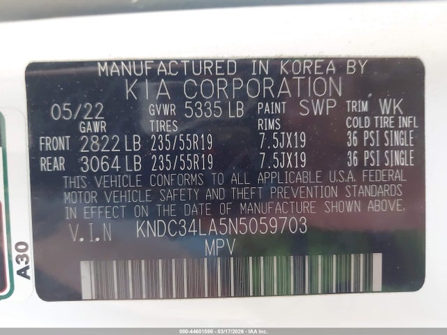 44601590 :رقم المزاد ، KNDC34LA5N5059703 vin ، 2022 Kia Ev6 Wind مزاد بيع