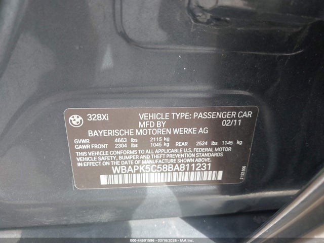 44601596 :رقم المزاد ، WBAPK5C58BA811231 vin ، 2011 Bmw 328i Xdrive مزاد بيع