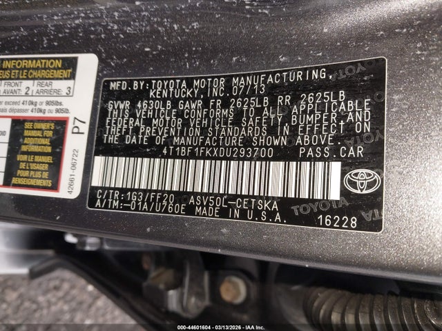 2013 Toyota Camry Se მანქანა იყიდება აუქციონზე, vin: 4T1BF1FKXDU293700, აუქციონის ნომერი: 44601604