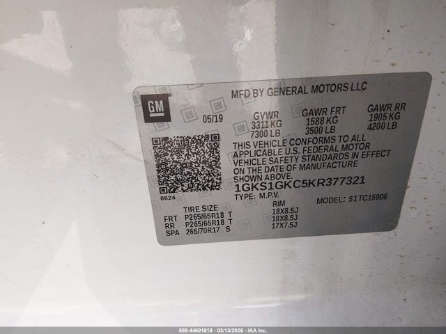 Aukcja sprzedaży 2019 Gmc Yukon Xl Slt, vin: 1GKS1GKC5KR377321, numer aukcji: 44601619