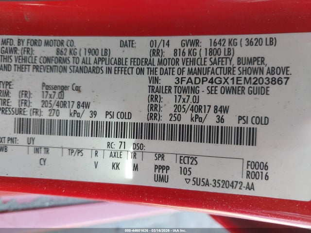 3FADP4GX1EM203867 Ford FIESTA ST