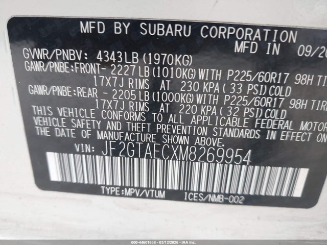 44601638 :رقم المزاد ، JF2GTAECXM8269954 vin ، 2021 Subaru Crosstrek Premium مزاد بيع
