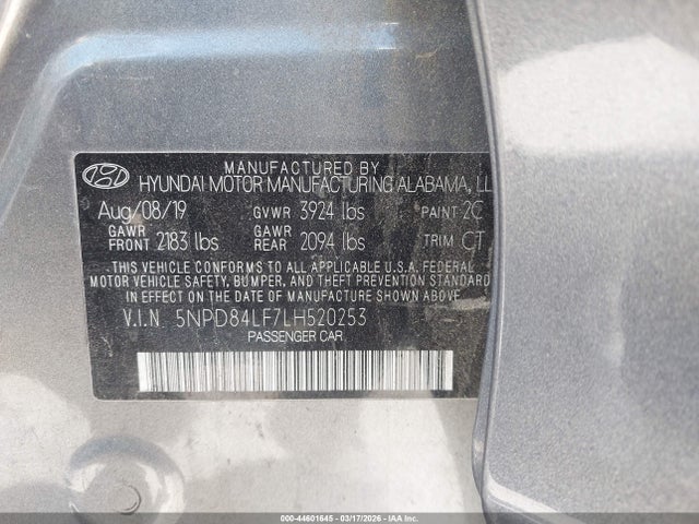 44601645 :رقم المزاد ، 5NPD84LF7LH520253 vin ، 2020 Hyundai Elantra Sel مزاد بيع