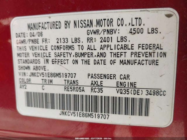 Продажа на аукционе авто 2006 Infiniti G35, vin: JNKCV51E86M519707, номер лота: 44601680
