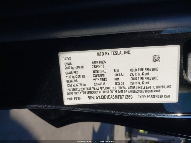 Продаж на аукціоні авто 2021 Tesla Model 3 Standard Range Plus Rear-wheel Drive, vin: 5YJ3E1EA6MF871269, номер лоту: 44601687