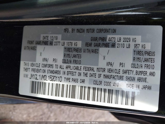 Aukcja sprzedaży 2020 Mazda Mazda6 Touring, vin: JM1GL1VM0L1520110, numer aukcji: 44601727