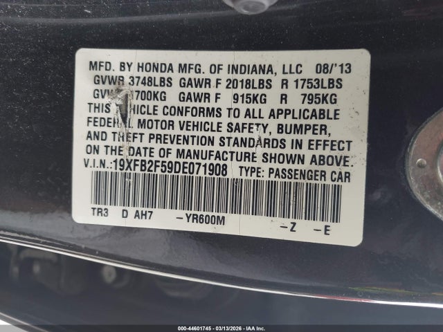2013 Honda Civic Lx მანქანა იყიდება აუქციონზე, vin: 19XFB2F59DE071908, აუქციონის ნომერი: 44601745