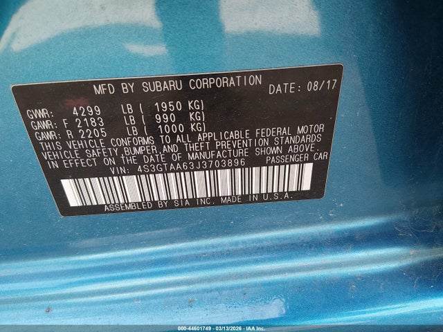44601749 :رقم المزاد ، 4S3GTAA63J3703896 vin ، 2018 Subaru Impreza 2.0i مزاد بيع