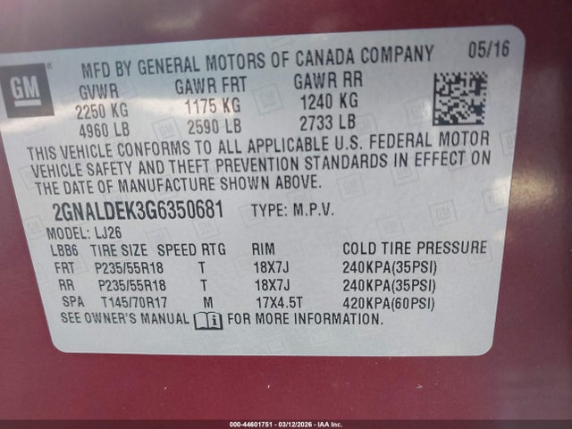 44601751 :رقم المزاد ، 2GNALDEK3G6350681 vin ، 2016 Chevrolet Equinox Ltz مزاد بيع