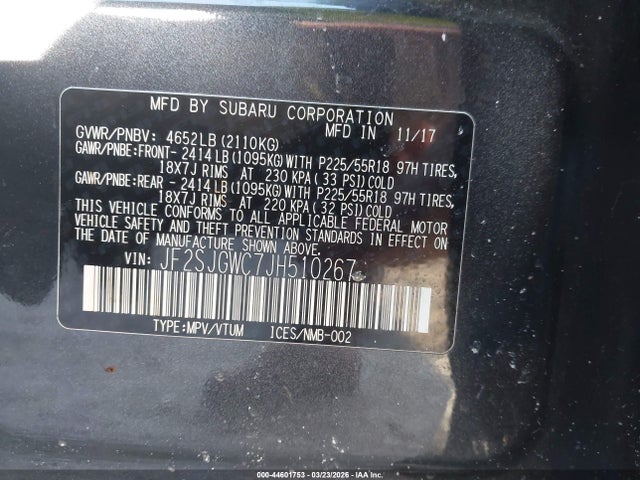 44601753 :رقم المزاد ، JF2SJGWC7JH510267 vin ، 2018 Subaru Forester 2.0xt Touring مزاد بيع