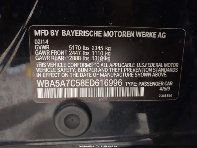 44601783 :رقم المزاد ، WBA5A7C58ED616996 vin ، 2014 Bmw 528i Xdrive مزاد بيع