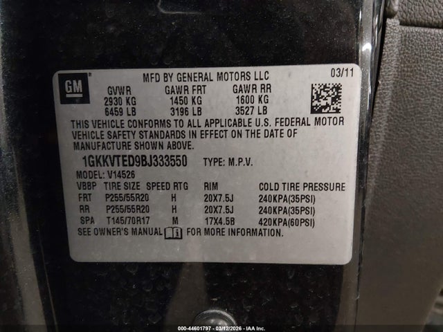Aukcja sprzedaży 2011 Gmc Acadia Denali, vin: 1GKKVTED9BJ333550, numer aukcji: 44601797