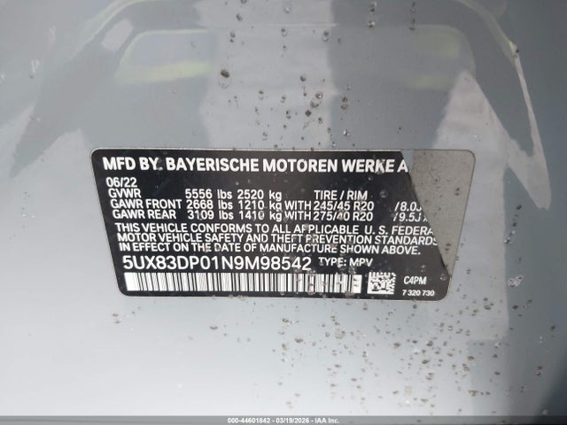 2022 Bmw X3 M40i მანქანა იყიდება აუქციონზე, vin: 5UX83DP01N9M98542, აუქციონის ნომერი: 44601842
