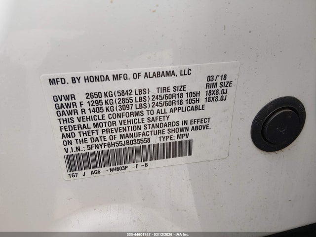 2018 Honda Pilot Ex-l მანქანა იყიდება აუქციონზე, vin: 5FNYF6H55JB035558, აუქციონის ნომერი: 44601847