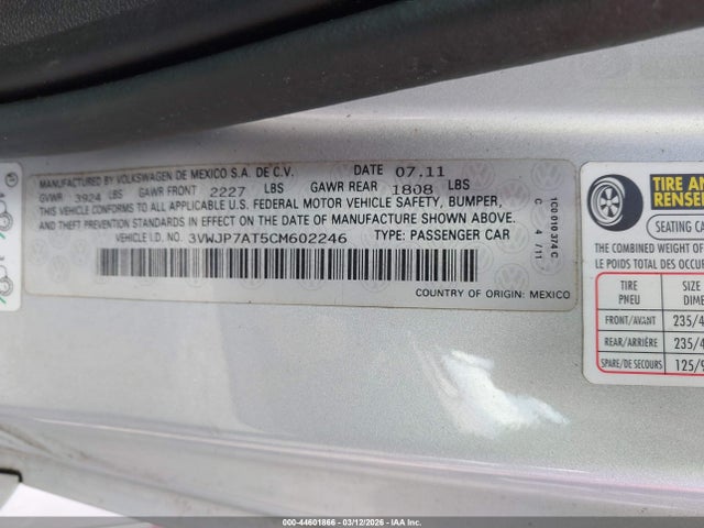 44601866 :رقم المزاد ، 3VWJP7AT5CM602246 vin ، 2012 Volkswagen Beetle 2.5l مزاد بيع