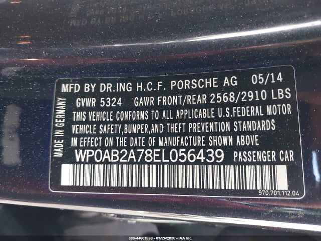 Auction sale of the 2014 Porsche Panamera S, vin: WP0AB2A78EL056439, lot number: 44601869