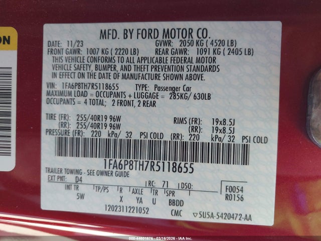 Aukcja sprzedaży 2024 Ford Mustang Ecoboost Premium Fastback, vin: 1FA6P8TH7R5118655, numer aukcji: 44601876