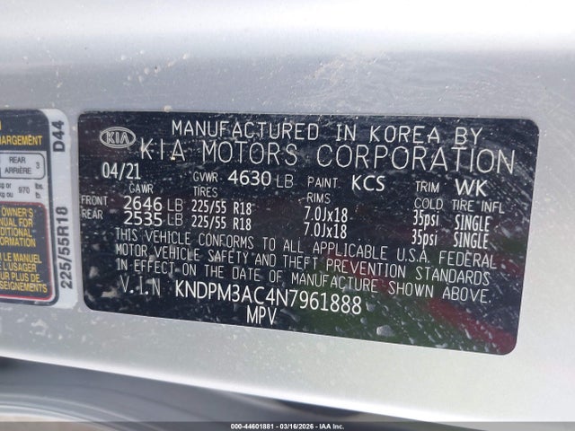 KNDPM3AC4N7961888 KIA Sportage Lx